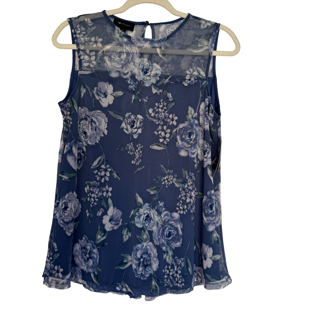NWT AB Studio Womens Summer Blouse Small Blue Floral Sheer Business Casual Flowy
